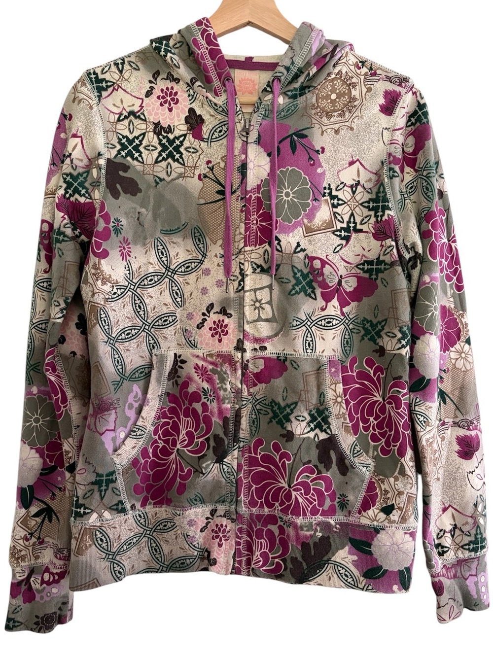 Vintage Lucky Brand Asian Hoodie Jacket Floral Butterfly Full Zip Y2K 90s Boho M